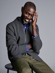 Charles Tyrwhitt Grey Chunky Rib Zip Funnel Neck Cardigan - Image 2 of 6