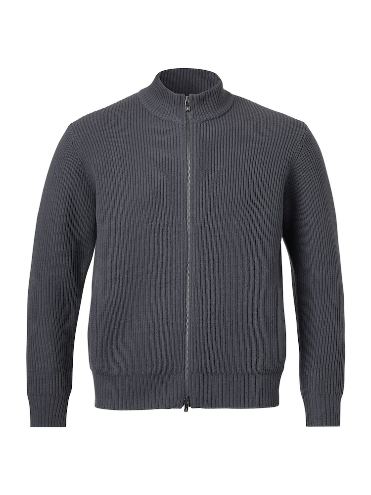 Charles Tyrwhitt Grey Chunky Rib Zip Funnel Neck Cardigan - Image 4 of 6