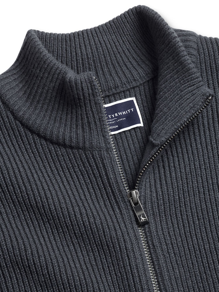 Charles Tyrwhitt Grey Chunky Rib Zip Funnel Neck Cardigan - Image 5 of 6