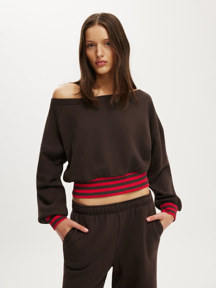 Cotton On Brown Relaxed Off Shoulder Sweatshirt - Image 1 of 4 Cotton On Brown Relaxed Off Shoulder Sweatshirt - Image 1 of 4