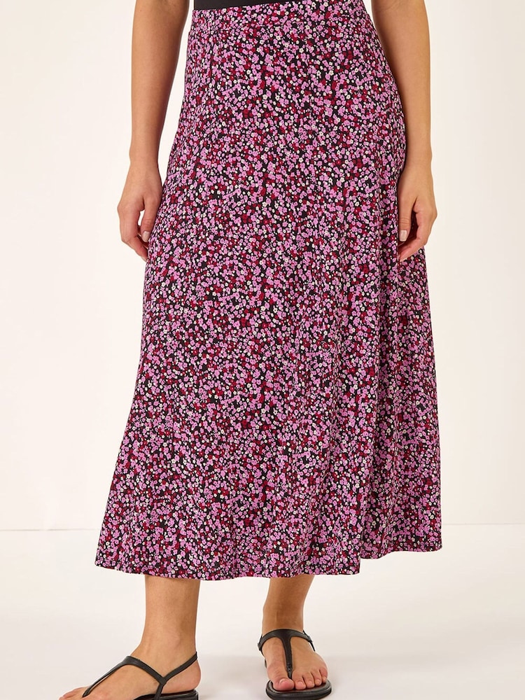 Розовый - Стретчевая юбка средних размеров с цветочным принтом Roman - Изображение 1 5
