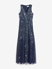 Sistaglam Navy Blue Sleeveless Wrap Embellished Sequin V-Neck Maxi Dress - Image 3 of 5