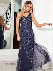 Sistaglam Navy Blue Sleeveless Wrap Embellished Sequin V-Neck Maxi Dress - Image 4 of 5