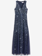 Sistaglam Navy Blue Sleeveless Wrap Embellished Sequin V-Neck Maxi Dress - Image 5 of 5