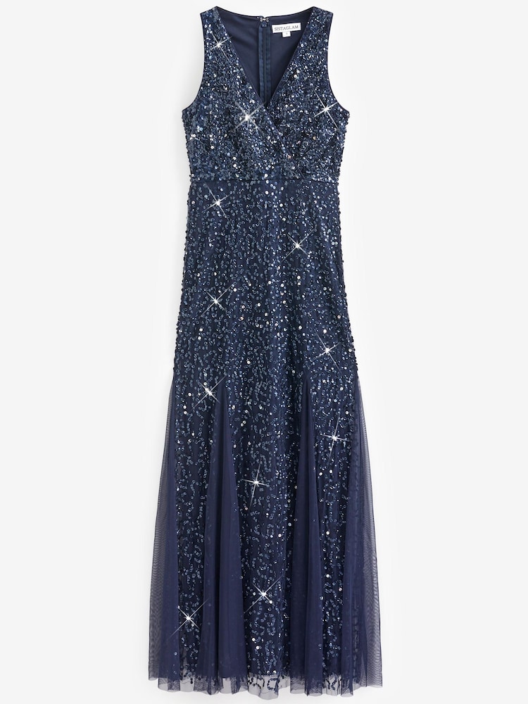 Sistaglam Navy Blue Sleeveless Wrap Embellished Sequin V-Neck Maxi Dress - Image 5 of 5