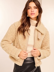 Lipsy Camel Petite Shearling Biker Jacket - Image 4 of 6