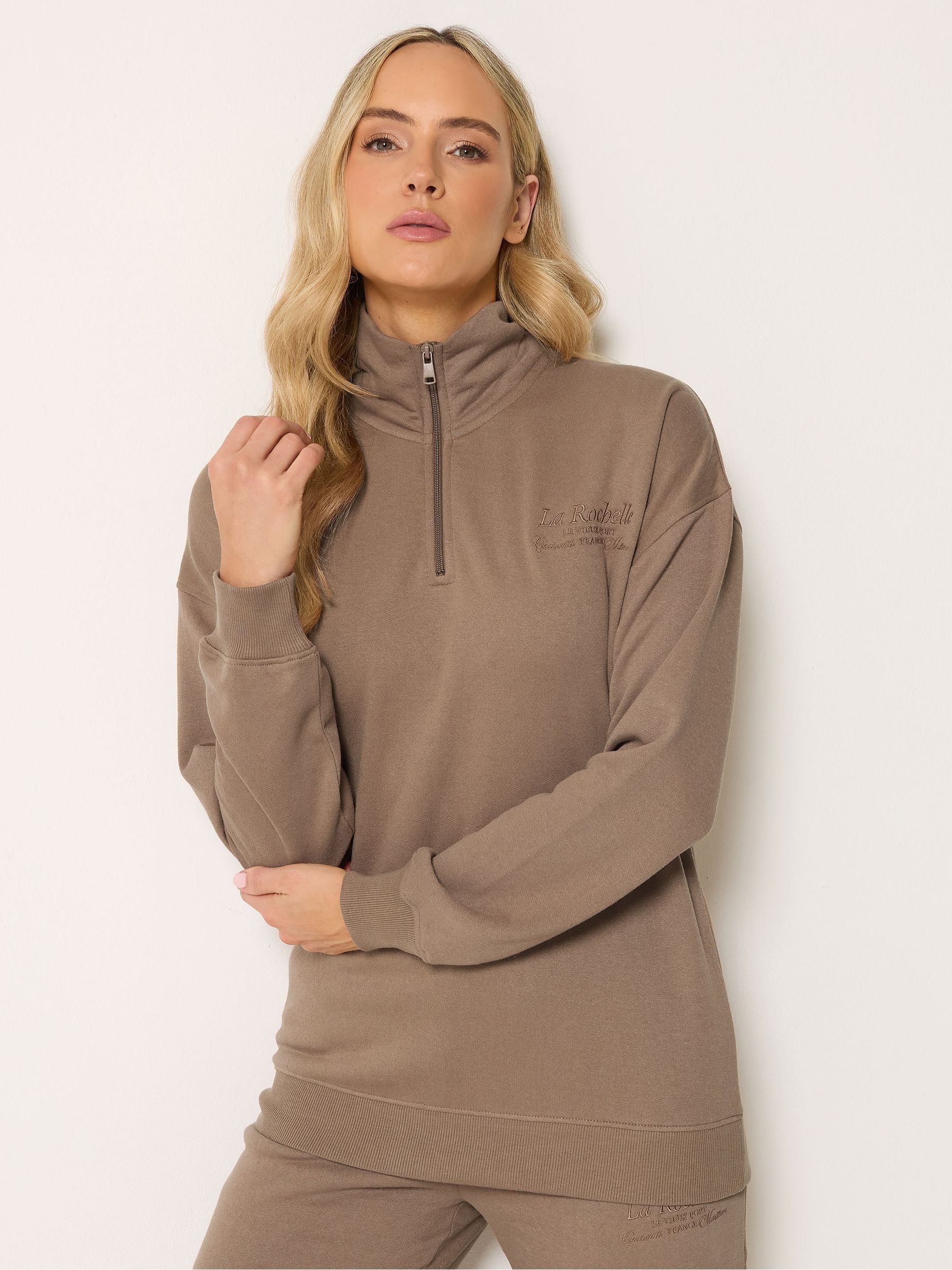 Long Tall Sally Women's Tall Embroidered Half Zip Sweatshirt in Brown | Size: 8 - Image 3