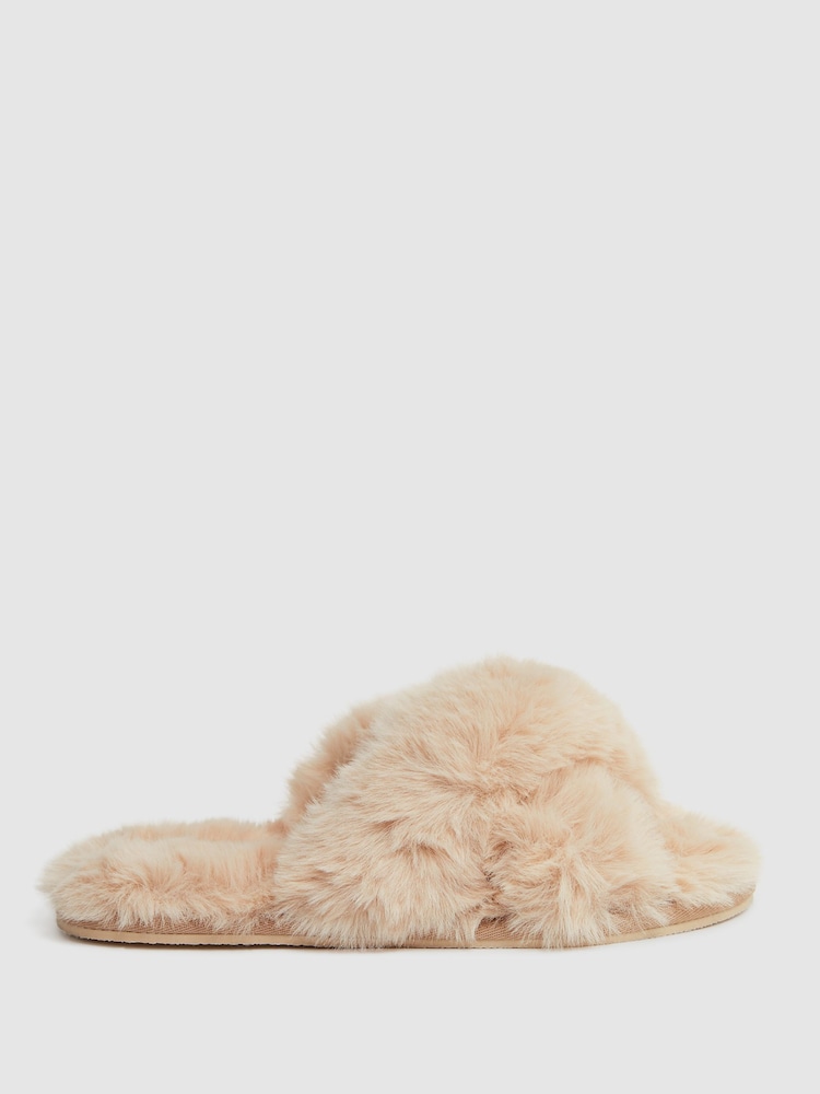 Reiss Nude Aspen Faux Fur Slippers - Image 1 of 5