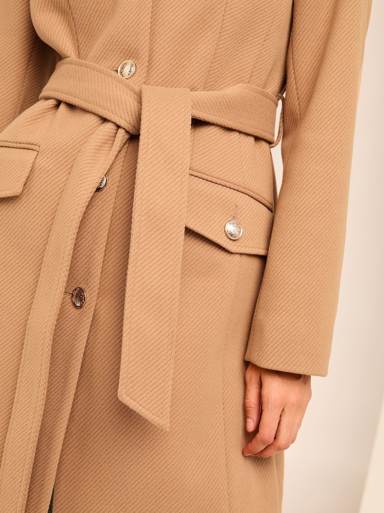 Lipsy Camel Petite Military Button Through Belted Coat - Image 7 of 7