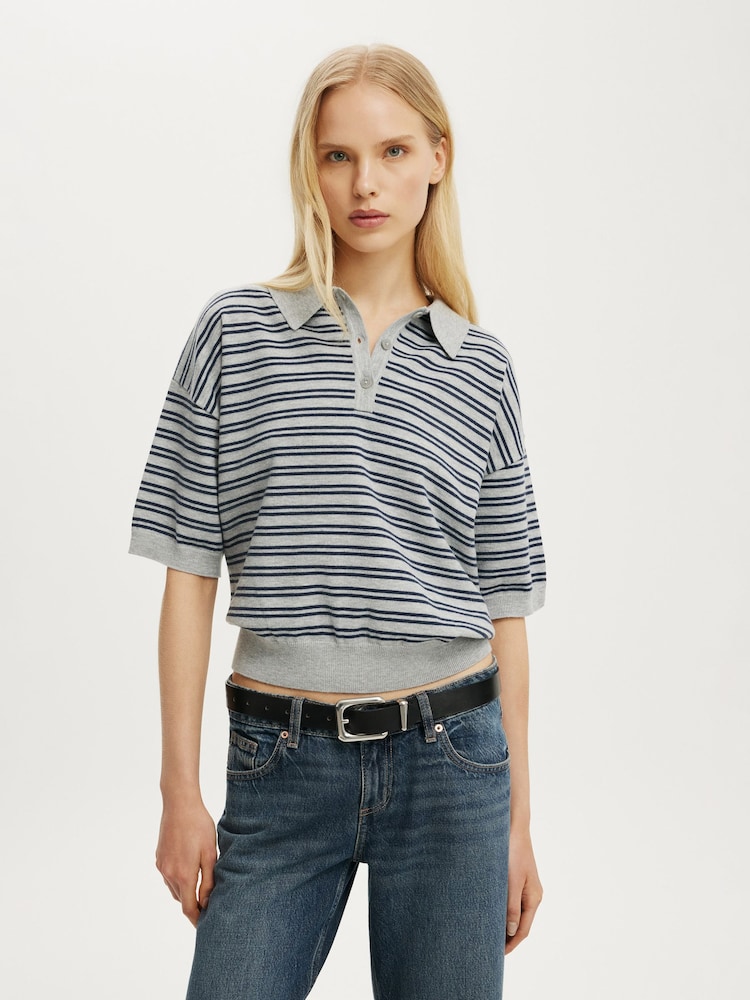 Cotton On Blue Short Sleeve Boxy Polo Shirt Knit - Image 2 of 4 Cotton On Blue Short Sleeve Boxy Polo Shirt Knit - Image 2 of 4