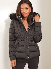 Lipsy Black Cinched Waist Shorts Padded Coat - Image 1 of 4