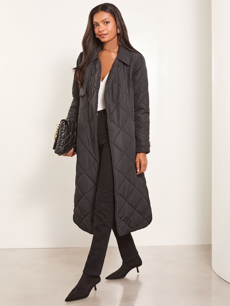 Lipsy Black Shower Resistant Padded Quilted Trench Coat - Image 1 of 4