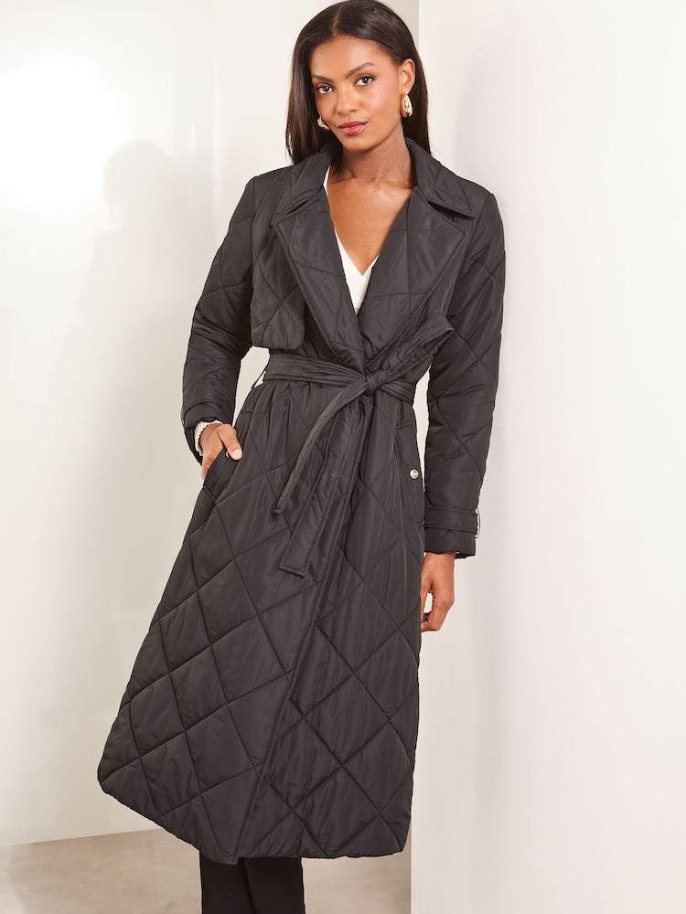Lipsy Black Shower Resistant Padded Quilted Trench Coat - Image 2 of 4