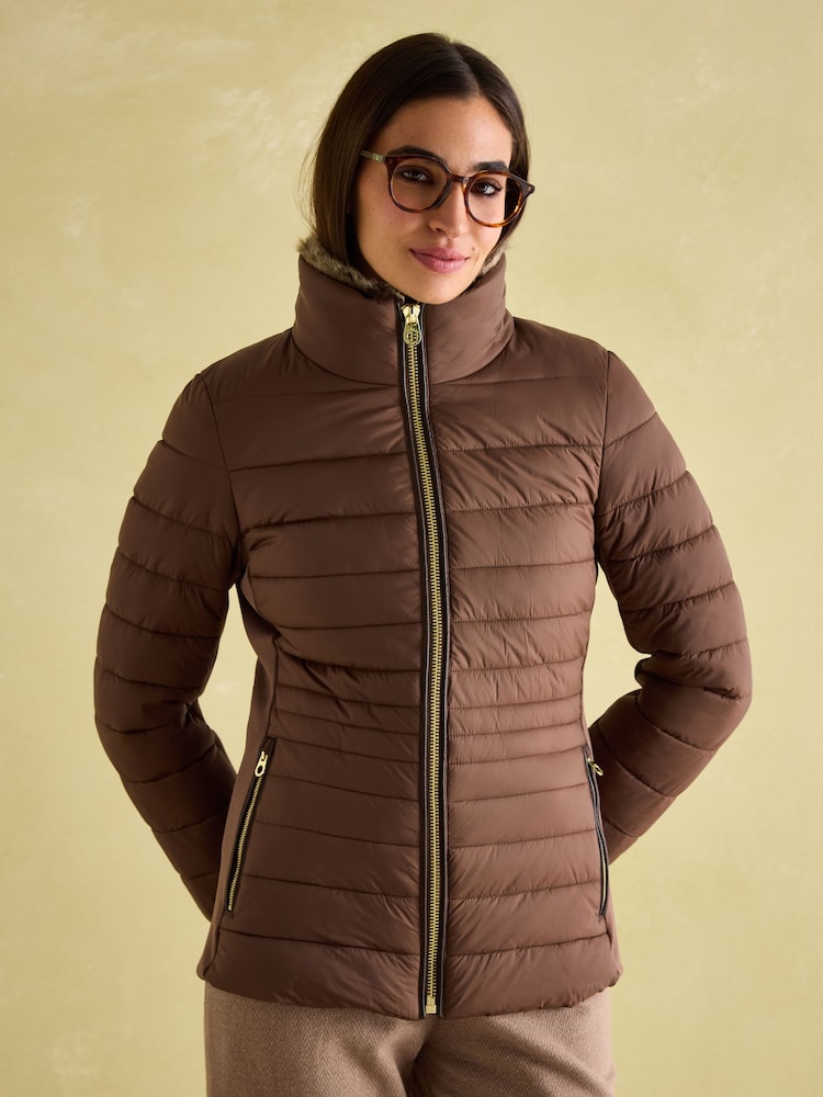 Joules Beckley Brown Padded Showerproof Jacket with Faux Fur Trim - Image 1 of 7 Joules Beckley Brown Padded Showerproof Jacket with Faux Fur Trim - Image 1 of 7