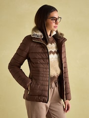 Joules Beckley Brown Padded Showerproof Jacket with Faux Fur Trim - Image 4 of 7