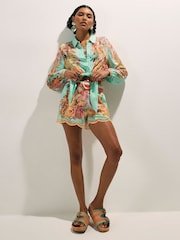 River Island Green Del Maar Long Sleeve Tie Front Embellished Cutwork Shirt - Image 4 of 4