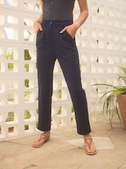 Navy Blue Linen Blend Taper Trousers - Image 2 of 6