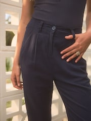 Navy Blue Linen Blend Taper Trousers - Image 4 of 6