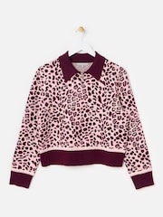 Oliver Bonas Pink Burgundy & Animal Print Zip Up Knitted Bomber Jacket - Image 1 of 6