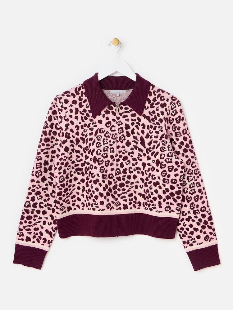Oliver Bonas Pink Burgundy & Animal Print Zip Up Knitted Bomber Jacket - Image 1 of 6 Oliver Bonas Pink Burgundy & Animal Print Zip Up Knitted Bomber Jacket - Image 1 of 6