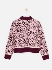Oliver Bonas Pink Burgundy & Animal Print Zip Up Knitted Bomber Jacket - Image 2 of 6