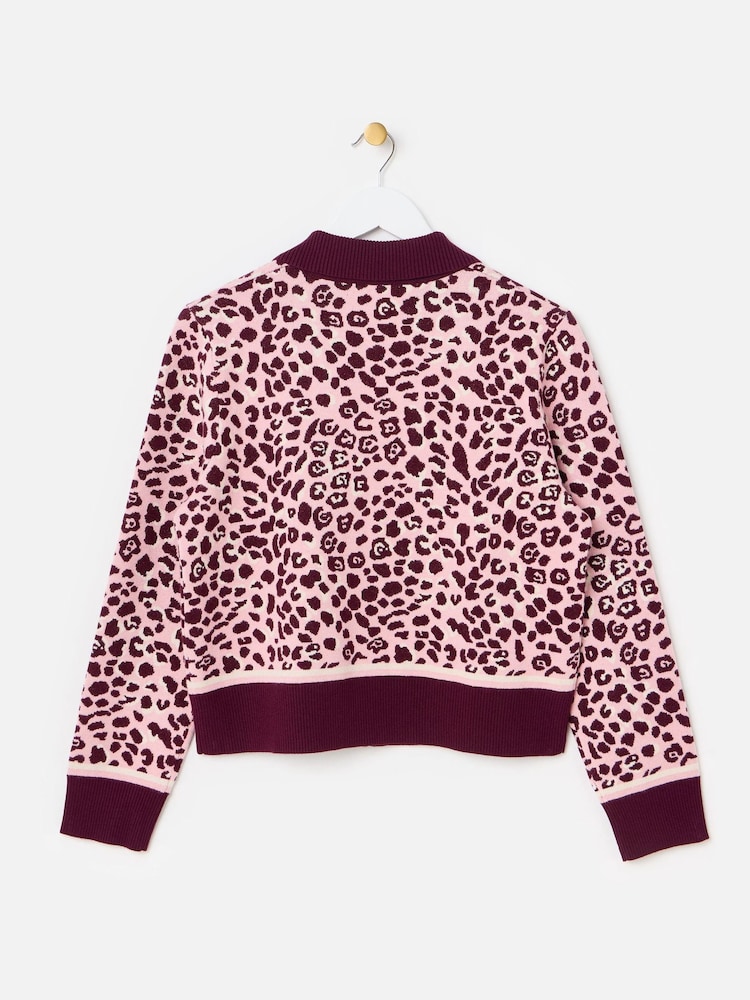 Oliver Bonas Pink Burgundy & Animal Print Zip Up Knitted Bomber Jacket - Image 2 of 6 Oliver Bonas Pink Burgundy & Animal Print Zip Up Knitted Bomber Jacket - Image 2 of 6