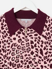 Oliver Bonas Pink Burgundy & Animal Print Zip Up Knitted Bomber Jacket - Image 3 of 6