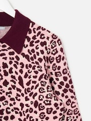 Oliver Bonas Pink Burgundy & Animal Print Zip Up Knitted Bomber Jacket - Image 4 of 6