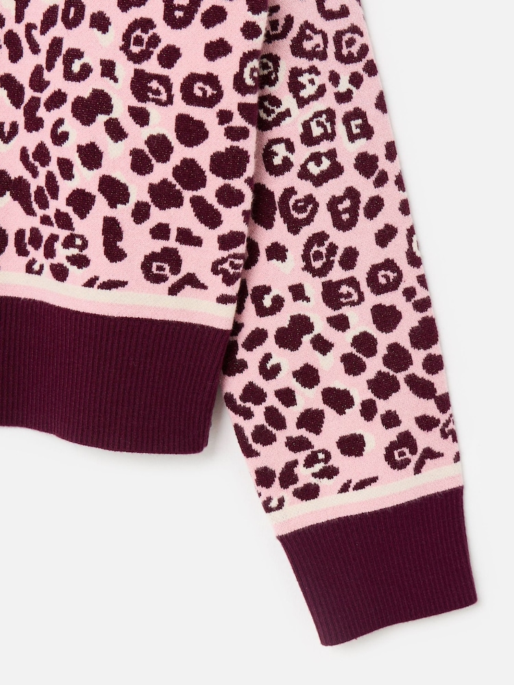 Oliver Bonas Pink Burgundy & Animal Print Zip Up Knitted Bomber Jacket - Image 6 of 6 Oliver Bonas Pink Burgundy & Animal Print Zip Up Knitted Bomber Jacket - Image 6 of 6