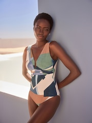 Blue/Cream Abstract Print Plunge Tummy Shaping Control Swimsuit - Image 2 of 5