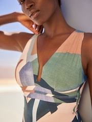 Blue/Cream Abstract Print Plunge Tummy Shaping Control Swimsuit - Image 4 of 5