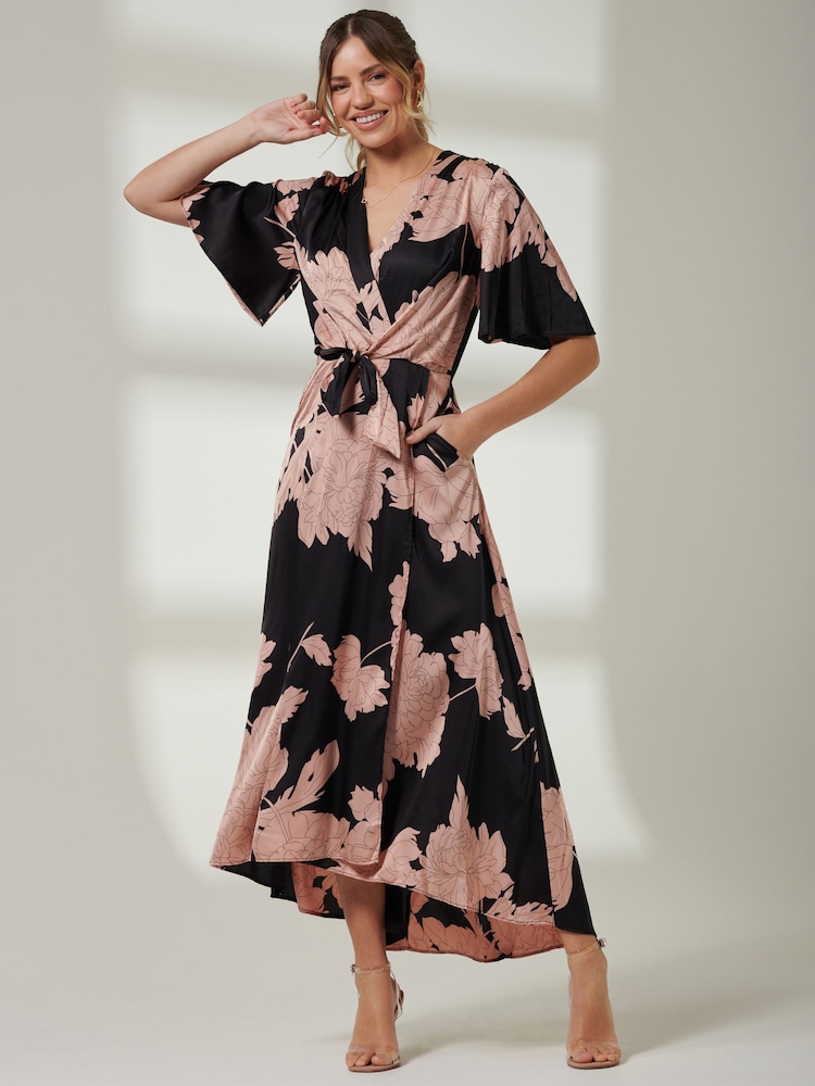 Jolie Moi Black Angel Sleeve Satin Maxi Dress - Image 1 of 6