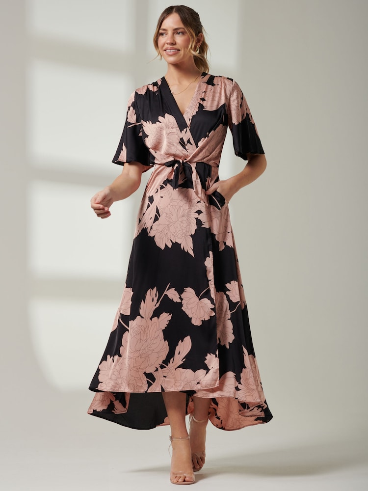 Jolie Moi Black Angel Sleeve Satin Maxi Dress - Image 6 of 6