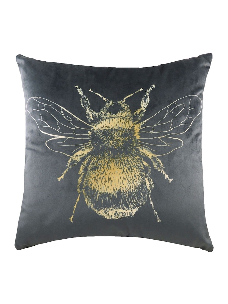 Evans Lichfield Grey Gold Bee Velvet Polyester Filled Cushion - Image 1 of 2