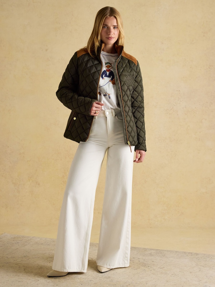 Vert kaki - Joules Braemar Luxe Showerproof Diamond Quilted Coat (manteau matelassé imperméable à l'eau) - Image 6 of 13