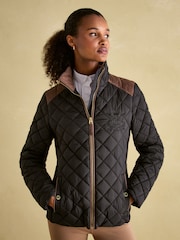 Joules Braemar Luxe Black Showerproof Diamond Quilted Coat - Image 1 of 8