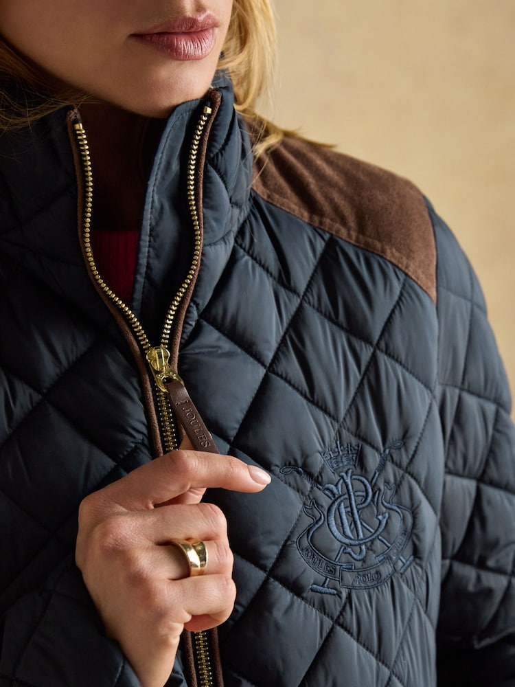 Joules Braemar Luxe Navy Blue Showerproof Diamond Quilted Coat - Image 11 of 14