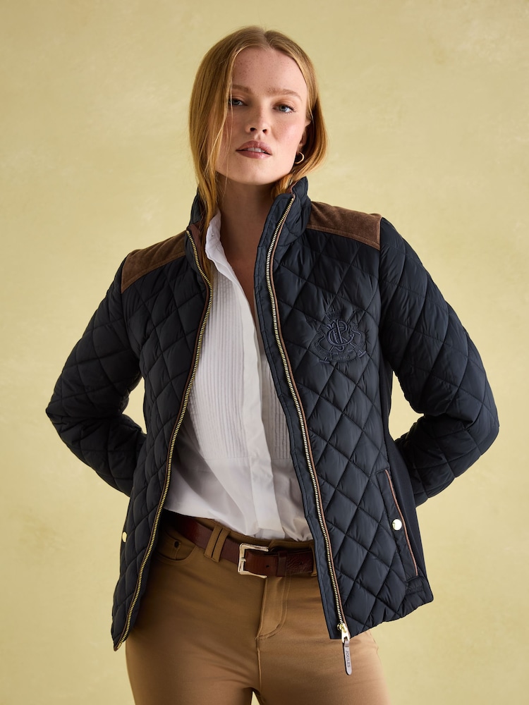 Joules Braemar Luxe Navy Blue Showerproof Diamond Quilted Coat - Image 3 of 14