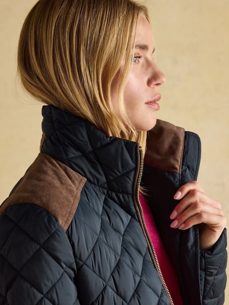 Joules Braemar Luxe Navy Blue Showerproof Diamond Quilted Coat - Image 8 of 14