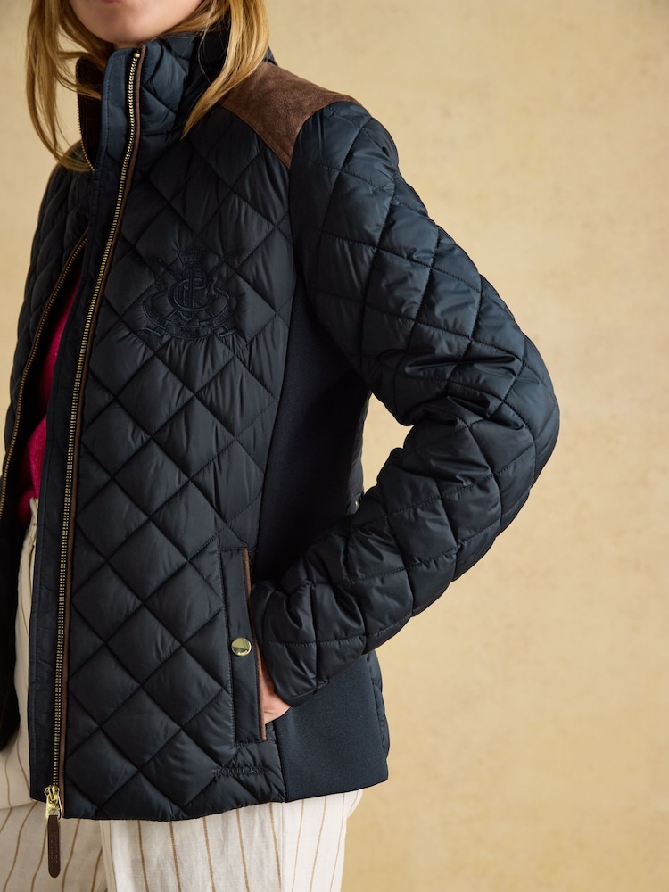 Joules Braemar Luxe Navy Blue Showerproof Diamond Quilted Coat - Image 9 of 14