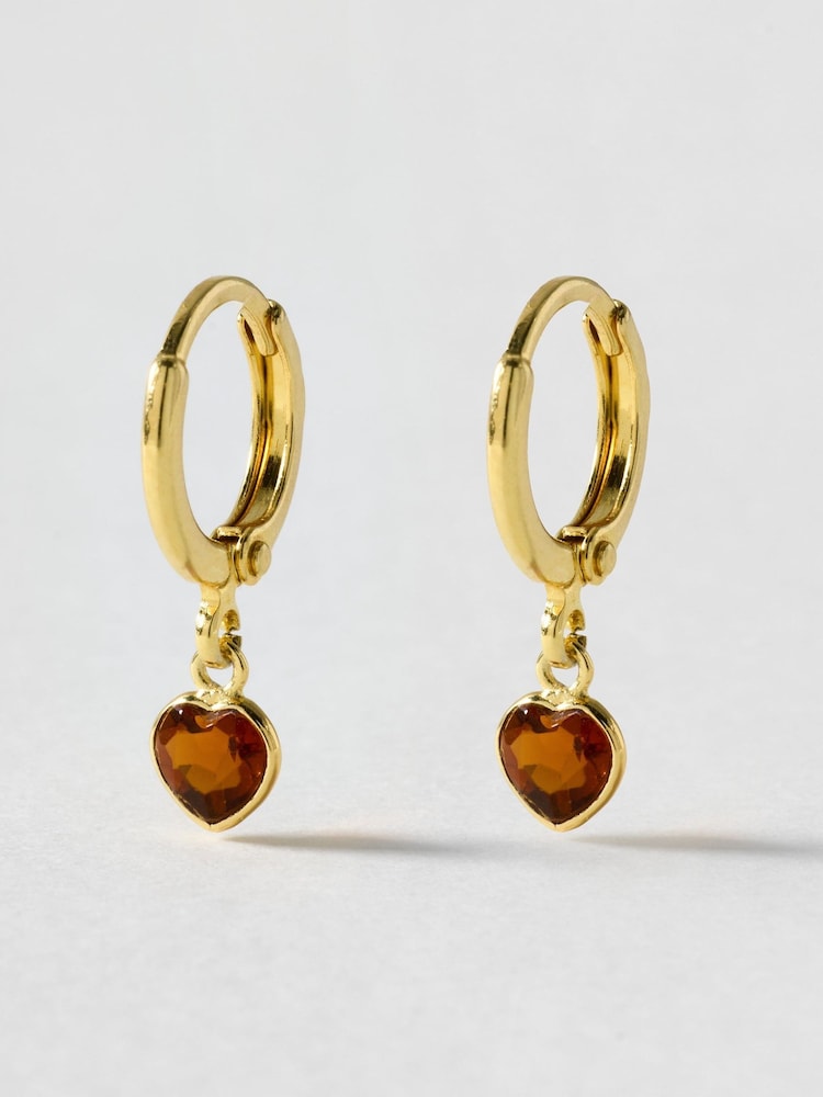 Oliver Bonas Brown Auden Honey Quartz Heart Charm Gold Plated Hoop Drop Earrings - Image 1 of 2