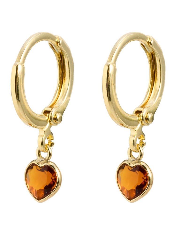 Oliver Bonas Brown Auden Honey Quartz Heart Charm Gold Plated Hoop Drop Earrings - Image 2 of 2