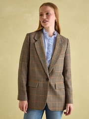 Joules Hackmore Brown Check Relaxed Fit Wool Blend Tweed Blazer - Image 1 of 9