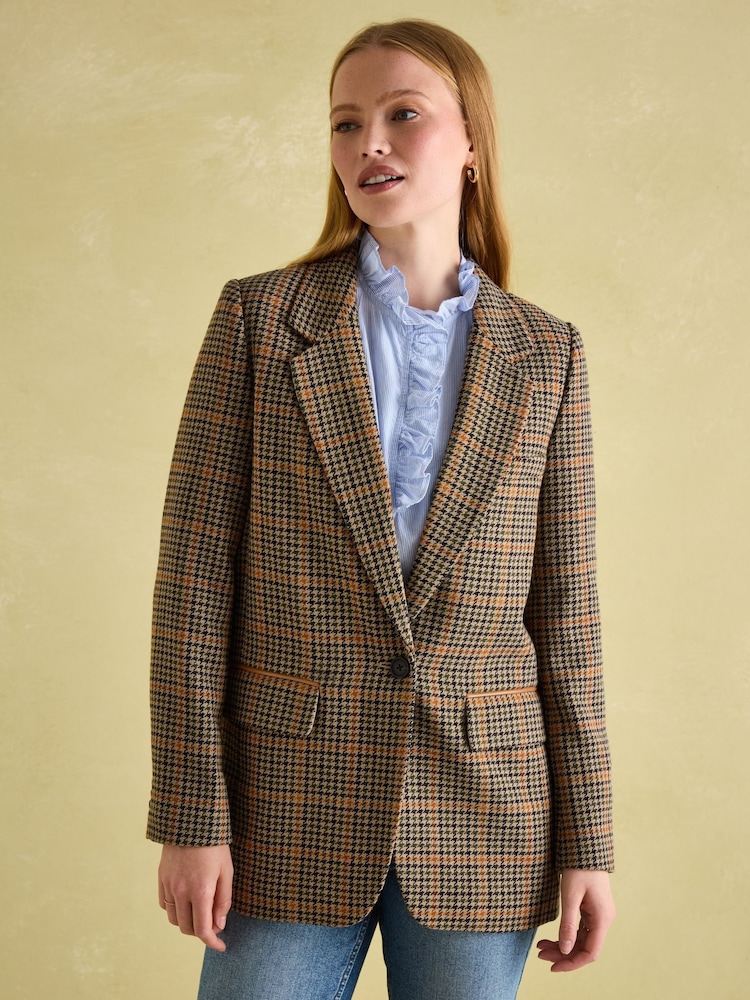Joules Hackmore Brown Check Relaxed Fit Wool Blend Tweed Blazer - Image 1 of 9