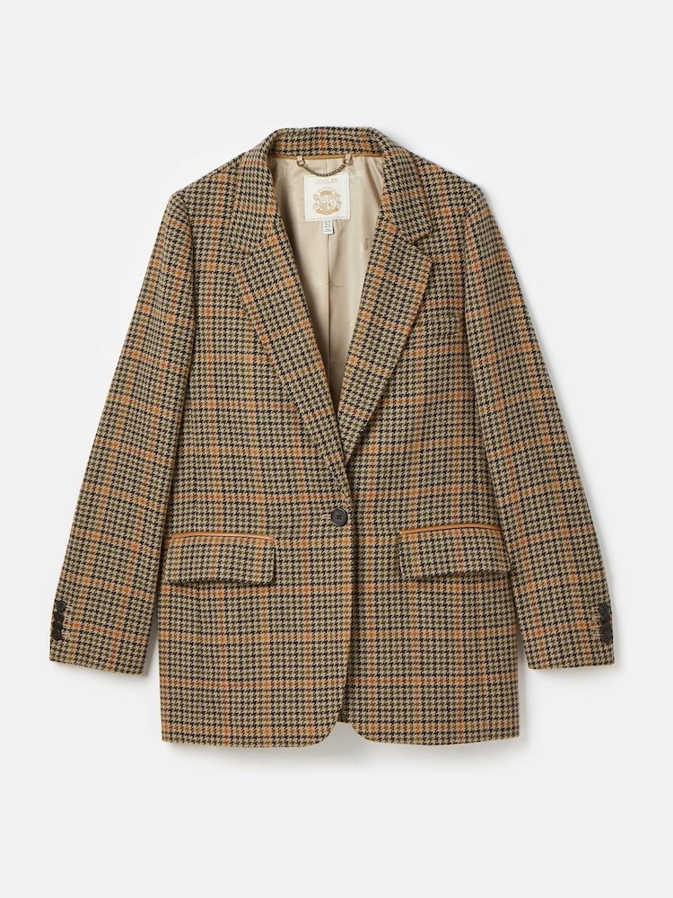 Joules Hackmore Brown Check Relaxed Fit Wool Blend Tweed Blazer - Image 9 of 9