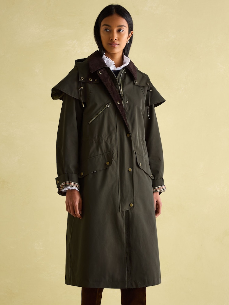 Joules Highbridge Khaki Green Waterproof Longline Coat with Hood - Image 1 of 9