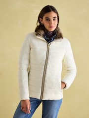 Joules Beckley White Padded Showerproof Jacket with Faux Fur Trim - Image 1 of 8