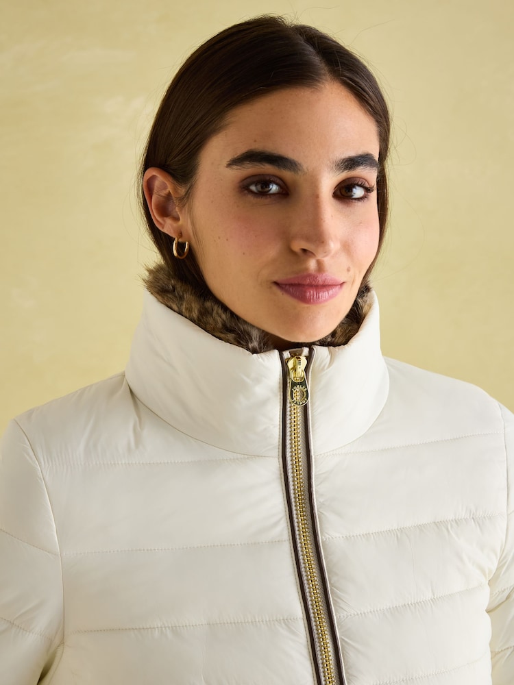 Joules Beckley White Padded Showerproof Jacket with Faux Fur Trim - Image 4 of 8