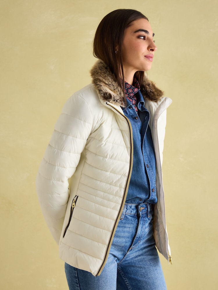 Joules Beckley White Padded Showerproof Jacket with Faux Fur Trim - Image 7 of 8