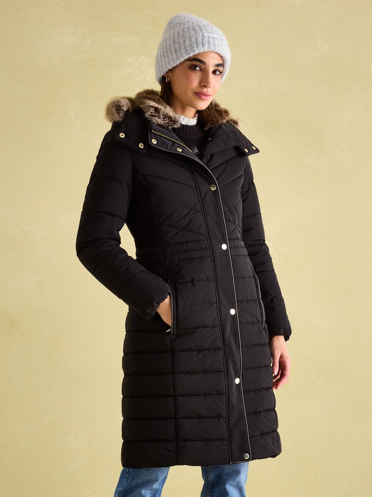 Joules Cherington Black Showerproof Longline Padded Coat with Faux Fur Hood - Image 1 of 8